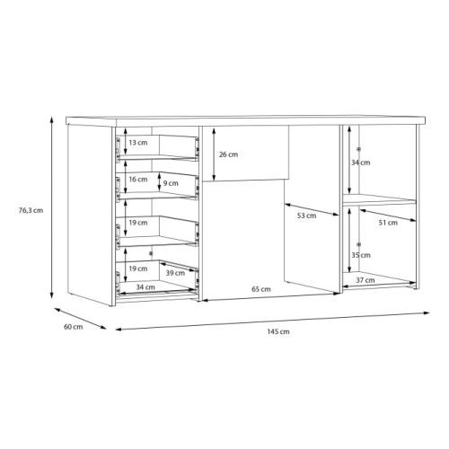 Biurko 145x60 cm z 4 szufladami i szafką Biały/Dąb Sonoma